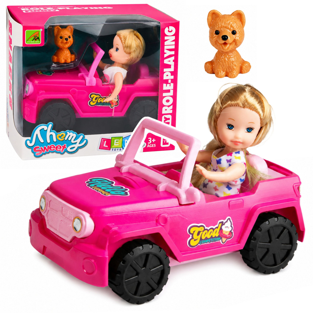 Mini lėlė su kabrioletu–visureigiu ir šuniuku rožinė 3 vnt.