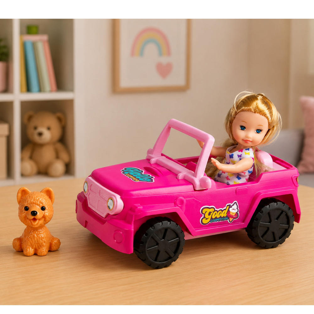 Mini lėlė su kabrioletu–visureigiu ir šuniuku rožinė 3 vnt. 3