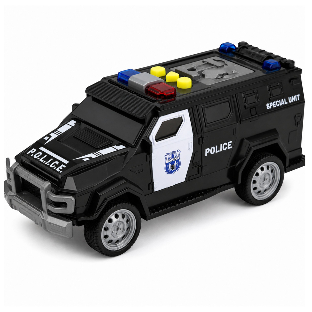 Žaislinis specialiųjų pajėgų policijos automobilis su šviesos ir garso efektais, juodos ir baltos spalvos, 15 × 6,5 × 6,5 cm