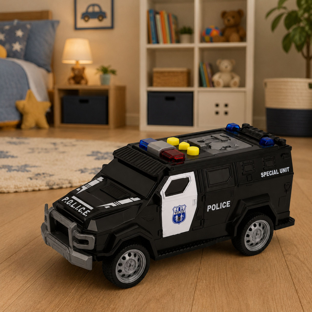 Žaislinis specialiųjų pajėgų policijos automobilis su šviesos ir garso efektais, juodos ir baltos spalvos, 15 × 6,5 × 6,5 cm 3