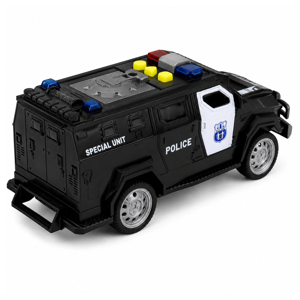 Žaislinis specialiųjų pajėgų policijos automobilis su šviesos ir garso efektais, juodos ir baltos spalvos, 15 × 6,5 × 6,5 cm 2