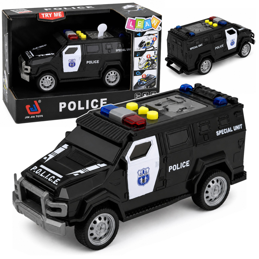 Žaislinis specialiųjų pajėgų policijos automobilis su šviesos ir garso efektais, juodos ir baltos spalvos, 15 × 6,5 × 6,5 cm