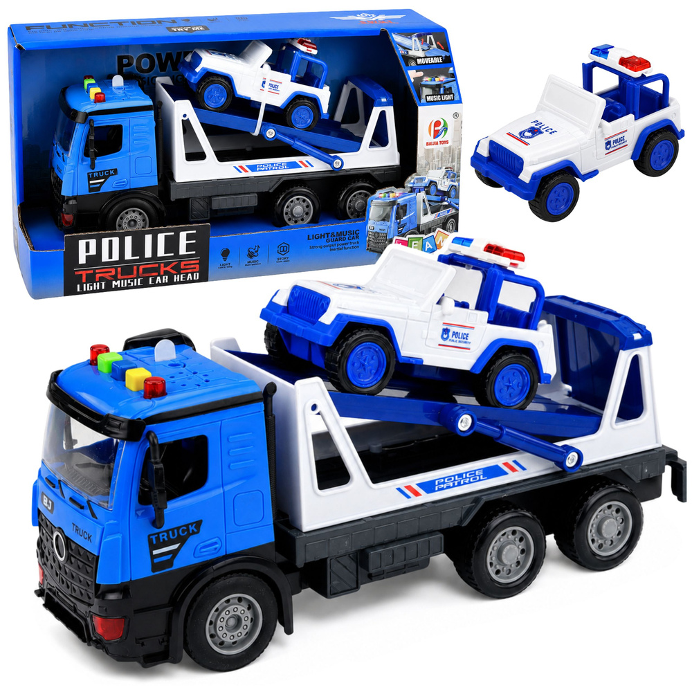 Policijos vilkikas su patruliniu automobiliu mėlyna ir balta 2 vnt.