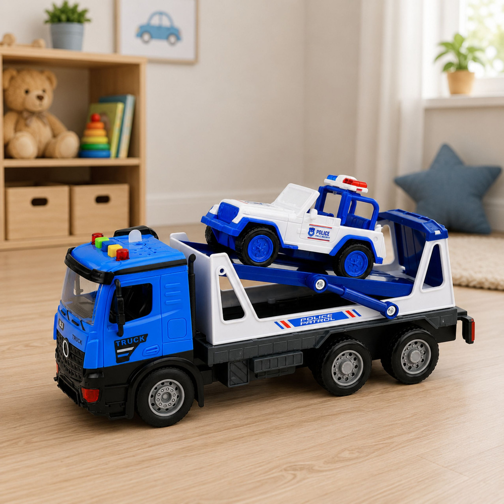 Policijos vilkikas su patruliniu automobiliu mėlyna ir balta 2 vnt. 2