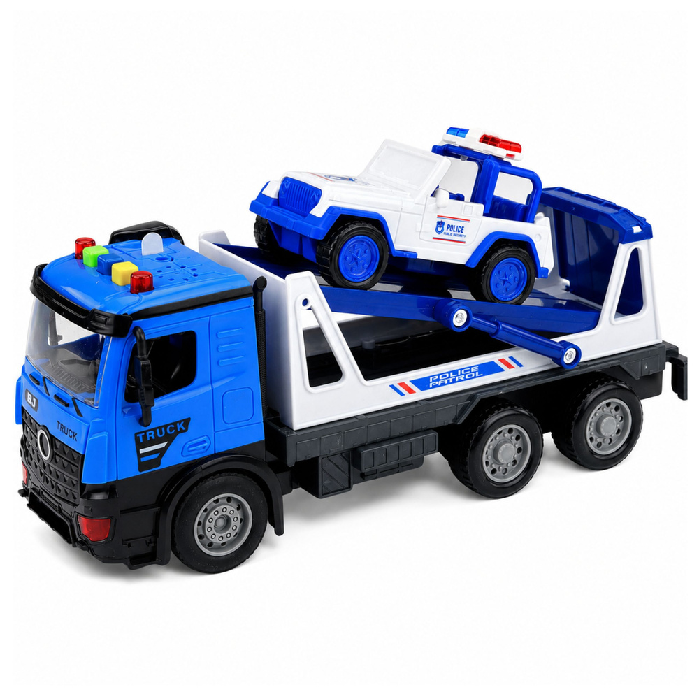 Policijos vilkikas su patruliniu automobiliu mėlyna ir balta 2 vnt.
