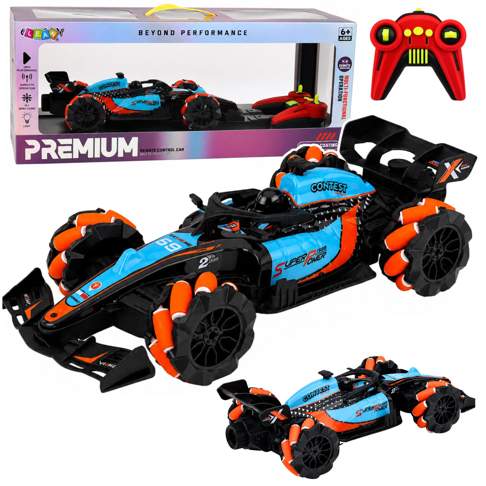 Nuotoliniu būdu valdomas sportinis automobilis su šviesos efektais, juodas su mėlynais ir oranžiniais elementais, 31 x 13,5 x 7,5 cm