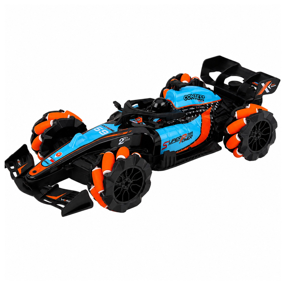 Nuotoliniu būdu valdomas sportinis automobilis su šviesos efektais, juodas su mėlynais ir oranžiniais elementais, 31 x 13,5 x 7,5 cm