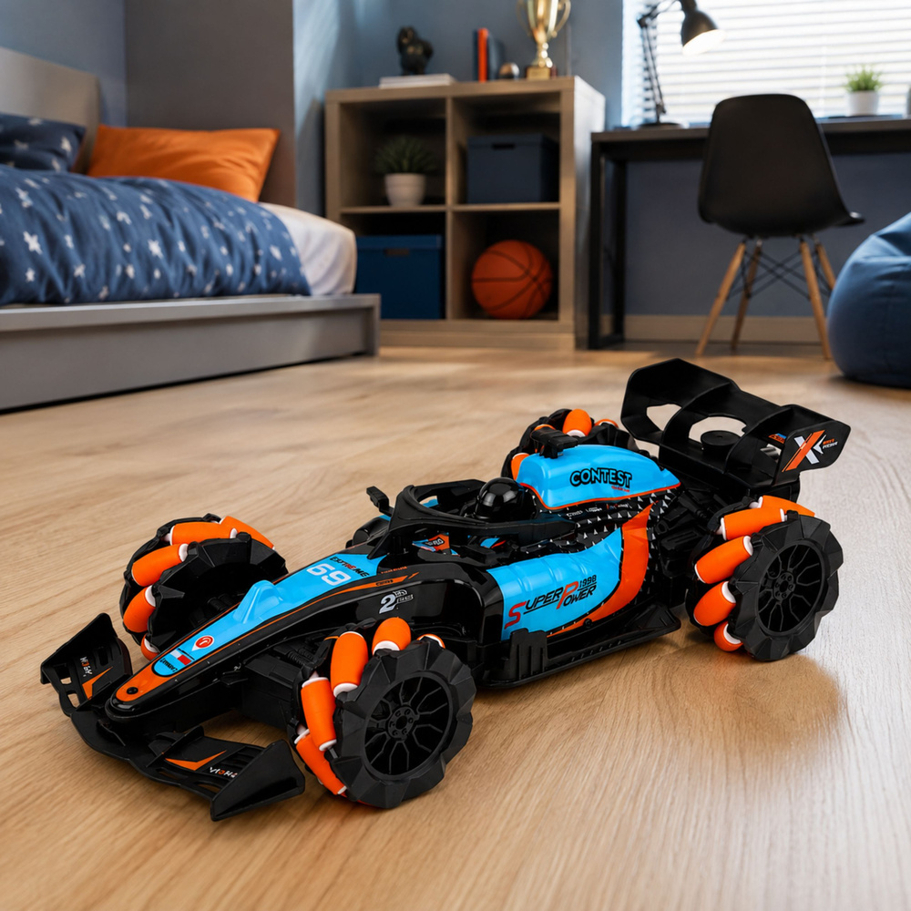 Nuotoliniu būdu valdomas sportinis automobilis su šviesos efektais, juodas su mėlynais ir oranžiniais elementais, 31 x 13,5 x 7,5 cm 2