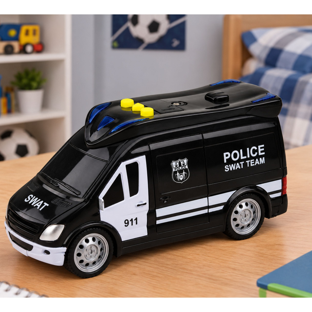 Žaislinis SWAT policijos furgonas su šviesos ir garso efektais, juodos ir baltos spalvos, 15,5 × 7,5 × 8,5 cm 2
