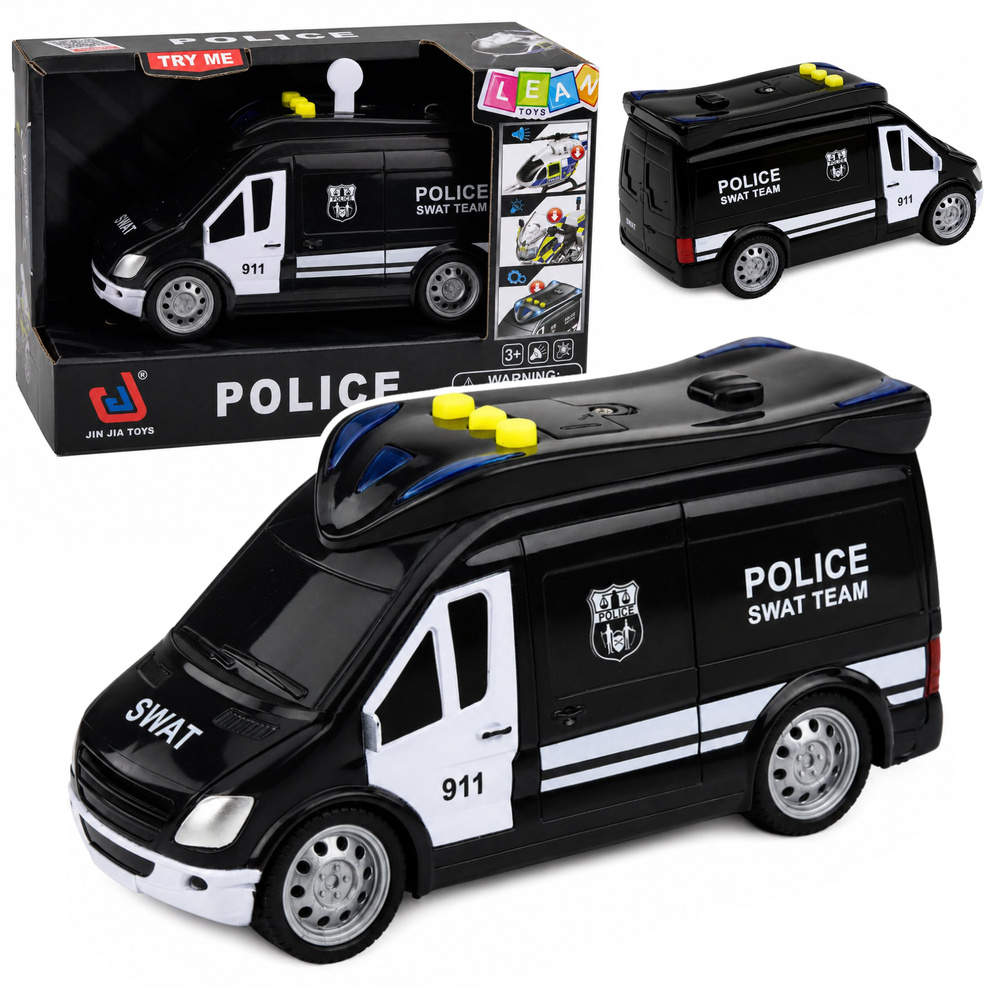 Žaislinis SWAT policijos furgonas su šviesos ir garso efektais, juodos ir baltos spalvos, 15,5 × 7,5 × 8,5 cm