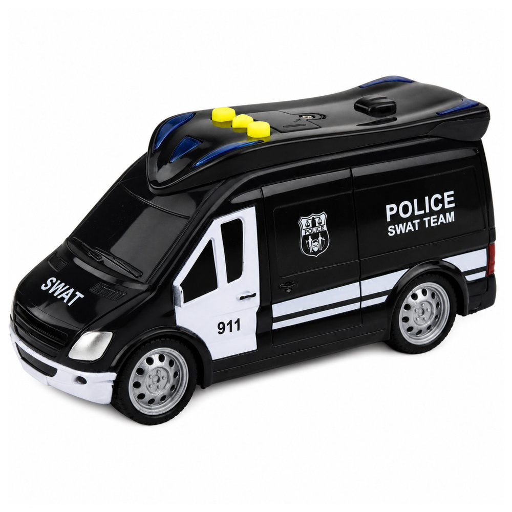 Žaislinis SWAT policijos furgonas su šviesos ir garso efektais, juodos ir baltos spalvos, 15,5 × 7,5 × 8,5 cm
