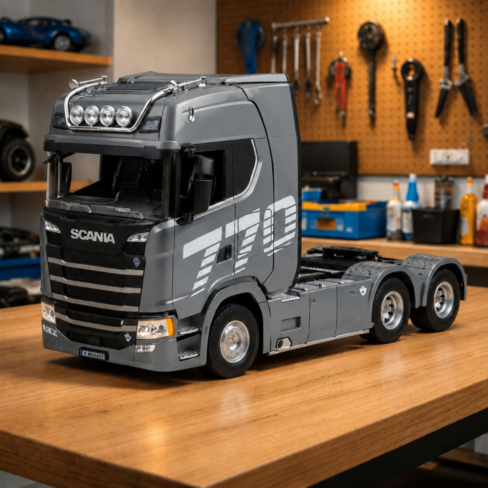 Nuotoliniu būdu valdomas sunkvežimis „Scania Huina 1501“ 1:18, pilkas sidabrinis, 39,2 × 24,4 × 16,6 cm 2
