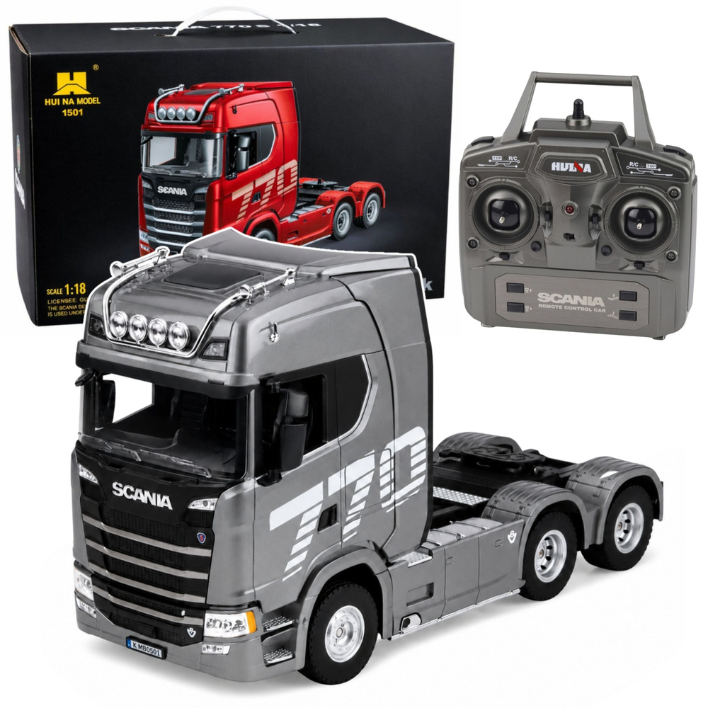 Nuotoliniu būdu valdomas sunkvežimis „Scania Huina 1501“ 1:18, pilkas sidabrinis, 39,2 × 24,4 × 16,6 cm