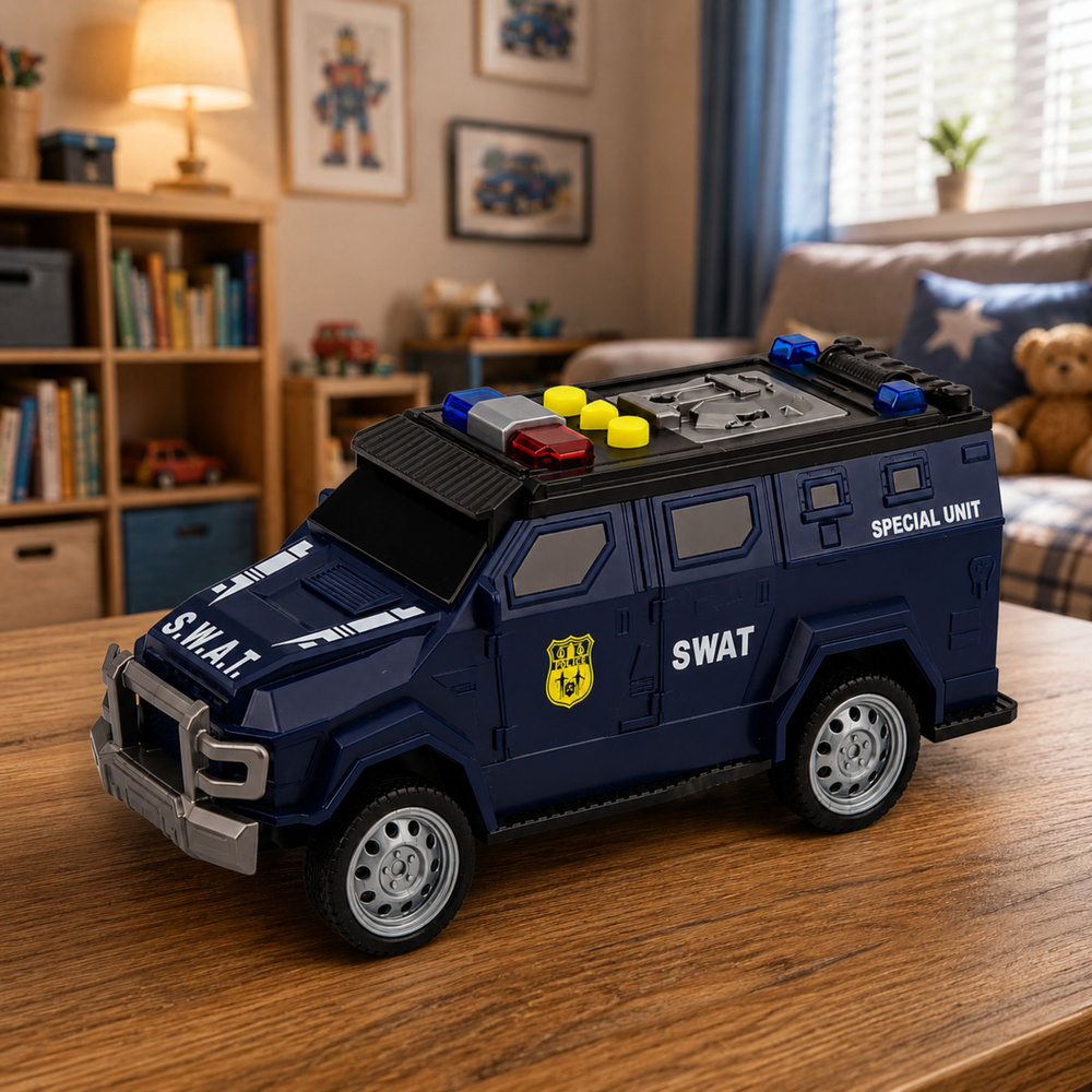 Žaislinis SWAT automobilis su šviesos ir garso efektais, tamsiai mėlynas, 15 × 6,5 × 6,5 cm 3