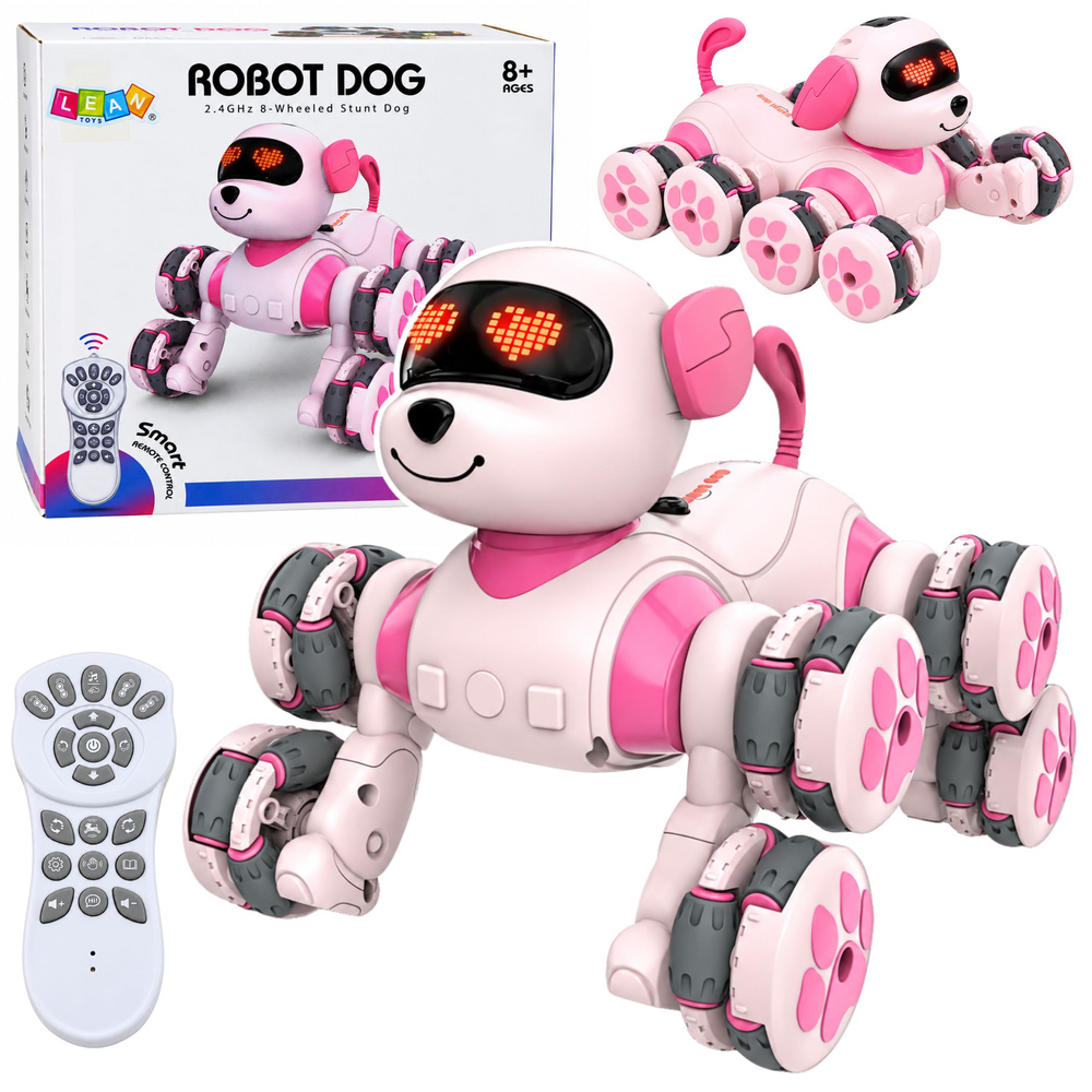 Nuotoliniu būdu valdomas robotas šuo, 8 ratų pavara, baltos ir rožinės spalvos, 18 × 18 × 18 cm
