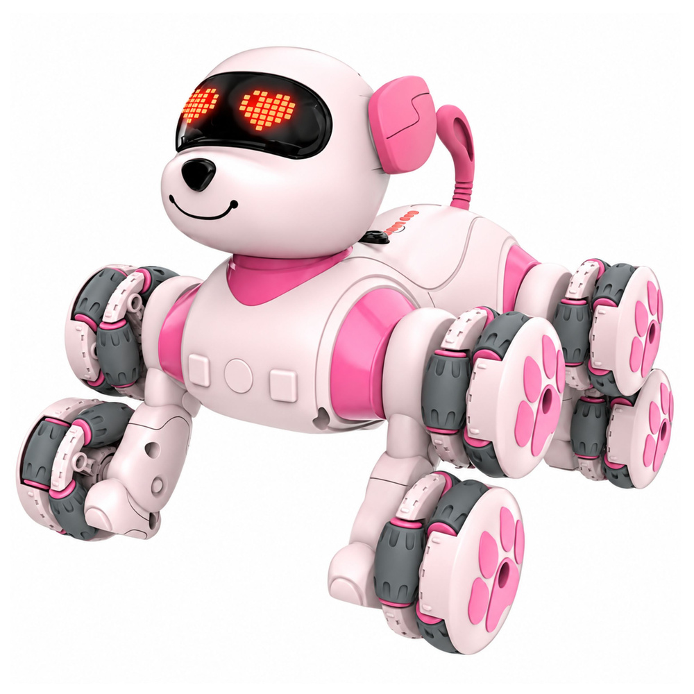 Nuotoliniu būdu valdomas robotas šuo, 8 ratų pavara, baltos ir rožinės spalvos, 18 × 18 × 18 cm
