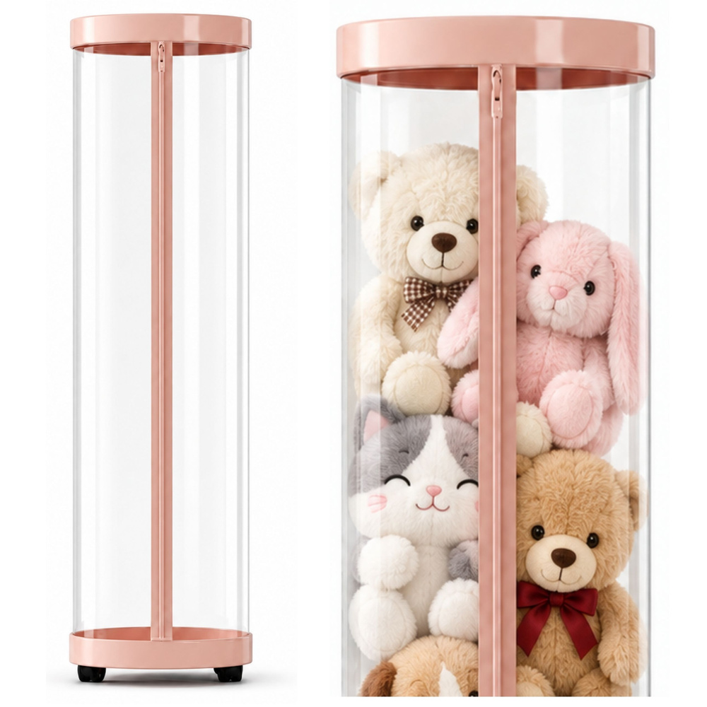 Pliušinių žaislų laikymo stovas, 360° besisukantis, su LED apšvietimu, rožinis, 126 cm