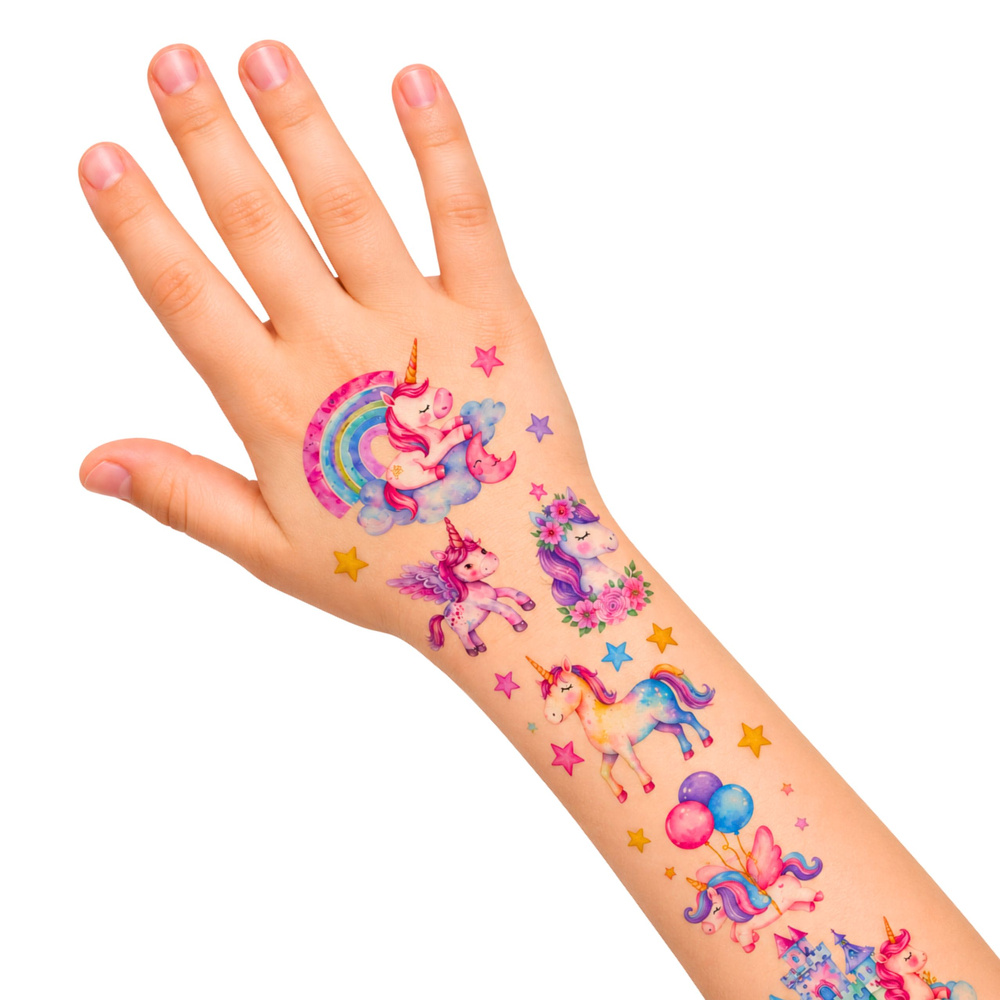 Vaikiškos laikinos tatuiruotės su vienaragiais, įvairiaspalvės, 5 × 5 cm, 25 vnt. 2