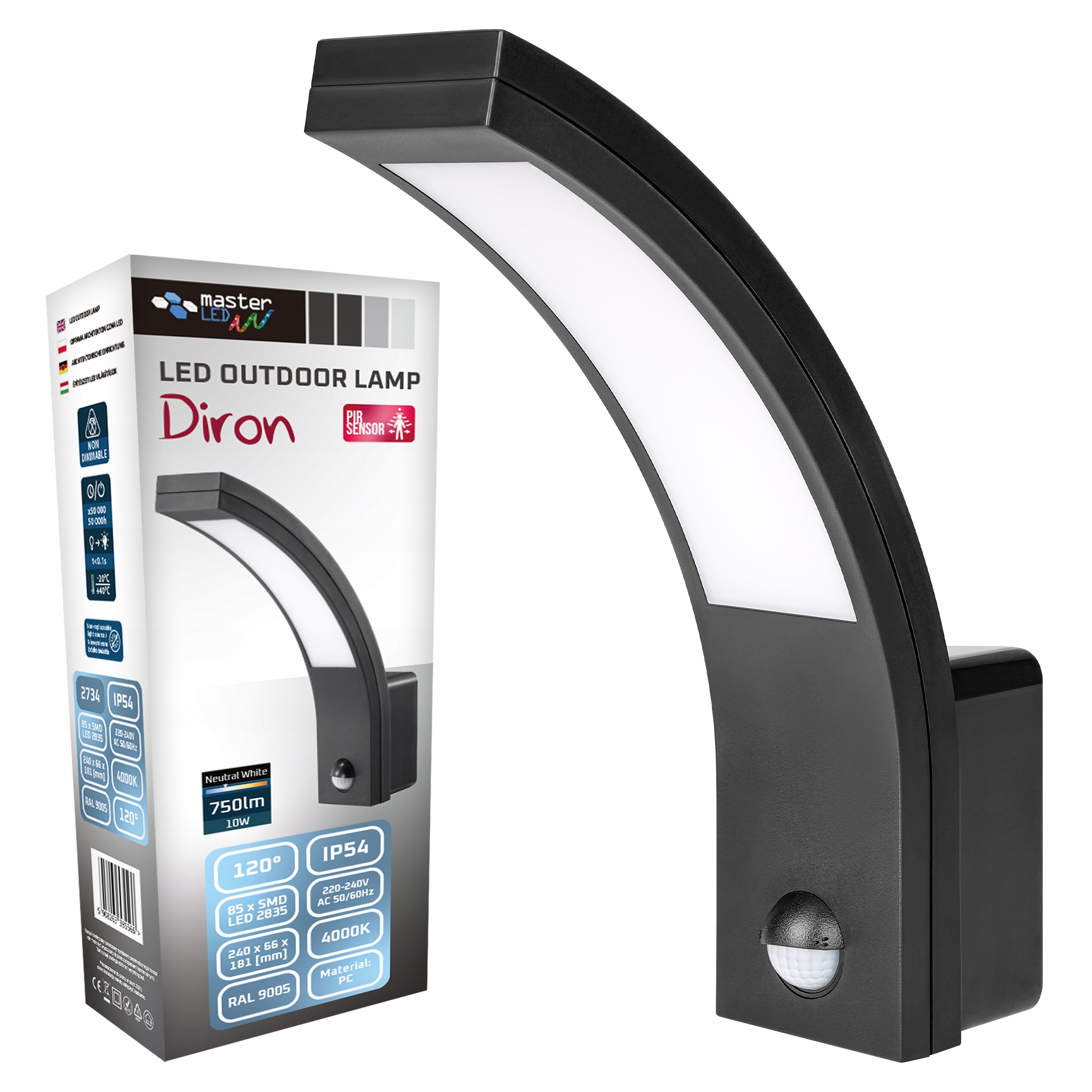 Sieninis lauko šviestuvas su judesio davikliu masterled diron 10w ip54 4000k