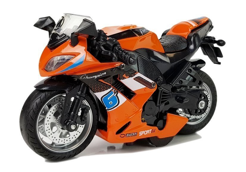 Oranžinis motociklas su garsais ir traukiamu mechanizmu, 1:14
