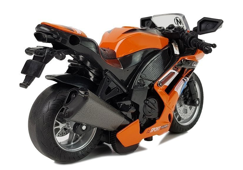 Oranžinis motociklas su garsais ir traukiamu mechanizmu, 1:14