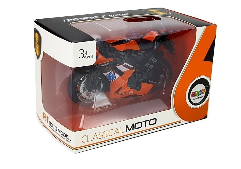 Oranžinis motociklas su garsais ir traukiamu mechanizmu, 1:14