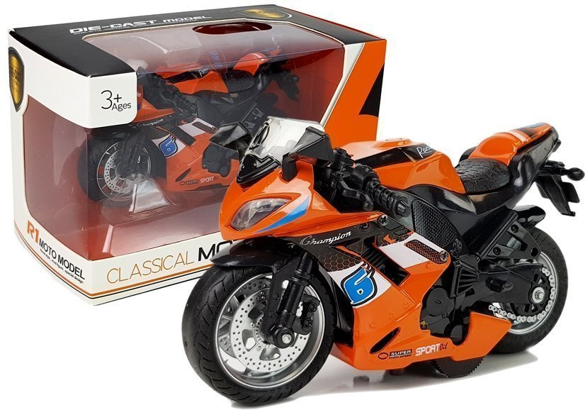 Oranžinis motociklas su garsais ir traukiamu mechanizmu, 1:14