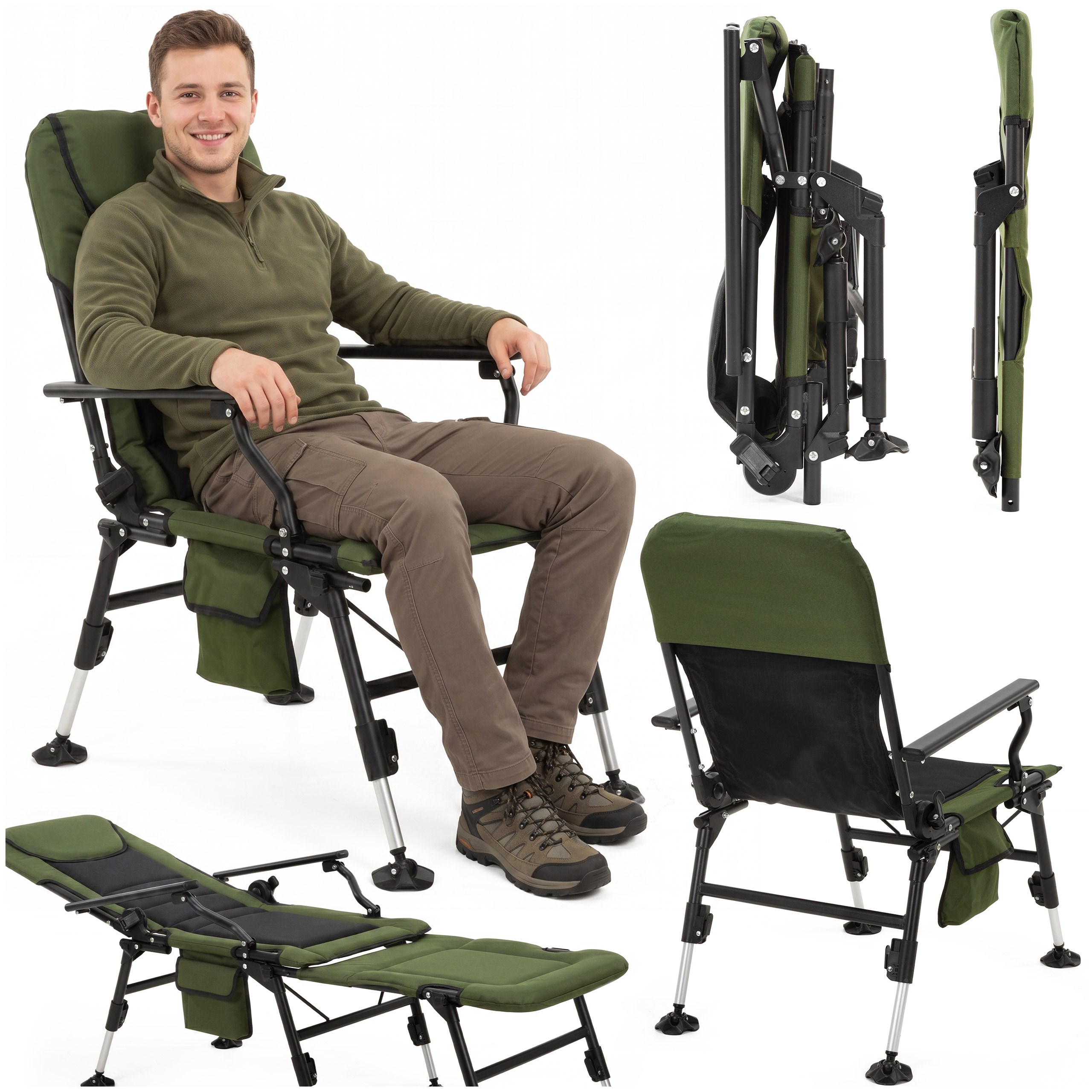 Gultas su 5 padėčių reguliuojamu atlošu ir reguliuojamomis kojelėmis, tamsiai žalias / juodas, 110 cm