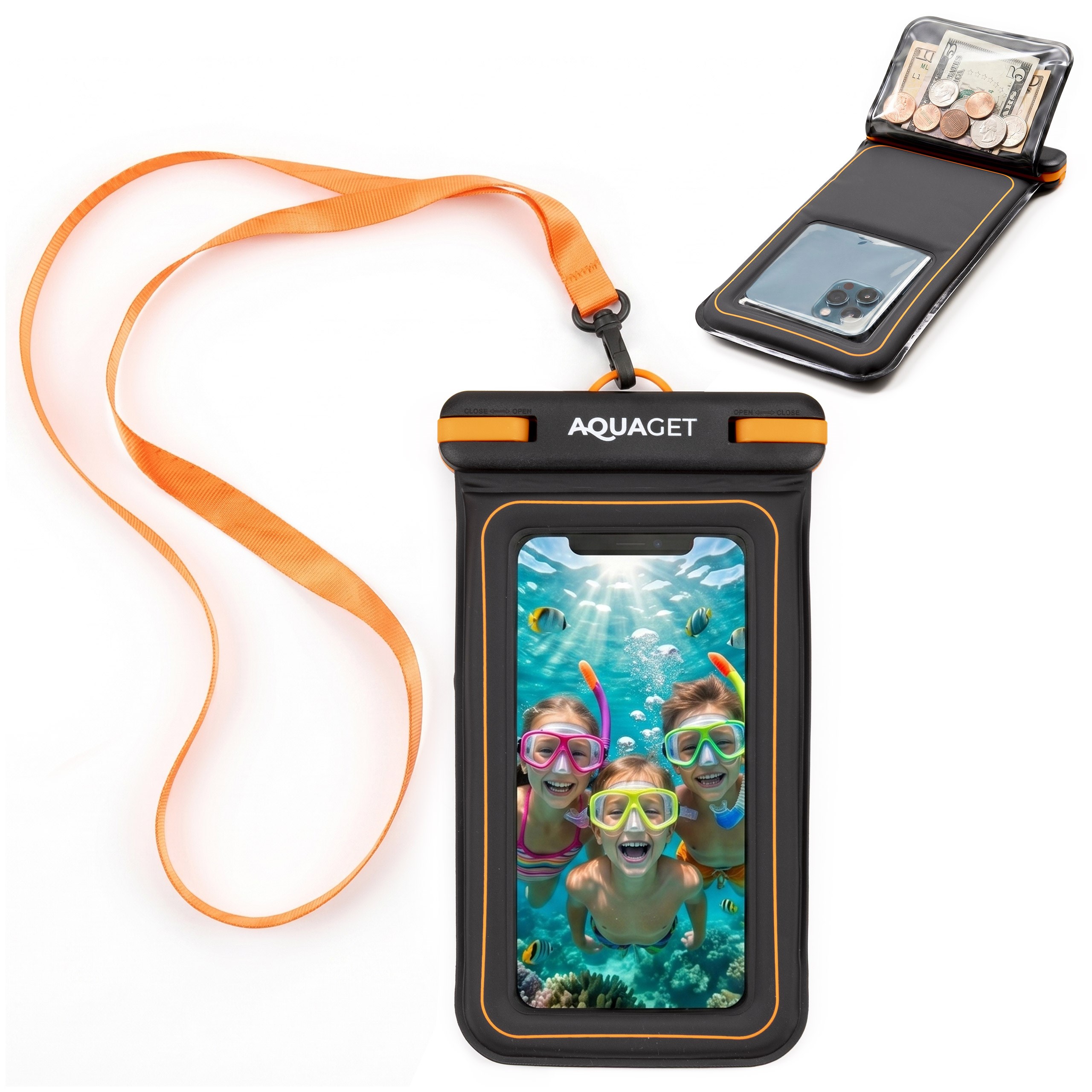 Plūduriuojantis IPX8 telefono dėklas, juodas / oranžinis / skaidrus, 23,5 cm 2