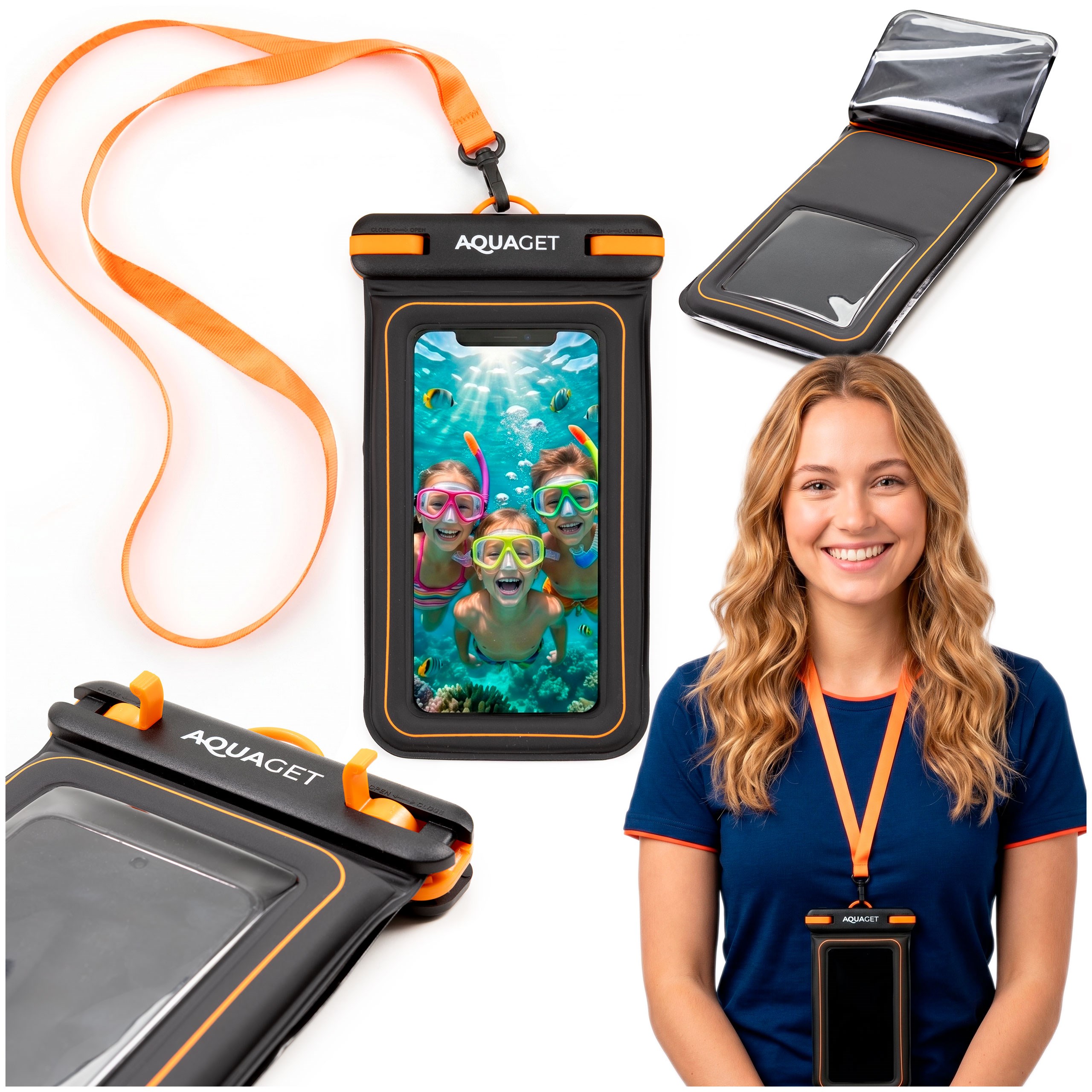 Plūduriuojantis IPX8 telefono dėklas, juodas / oranžinis / skaidrus, 23,5 cm