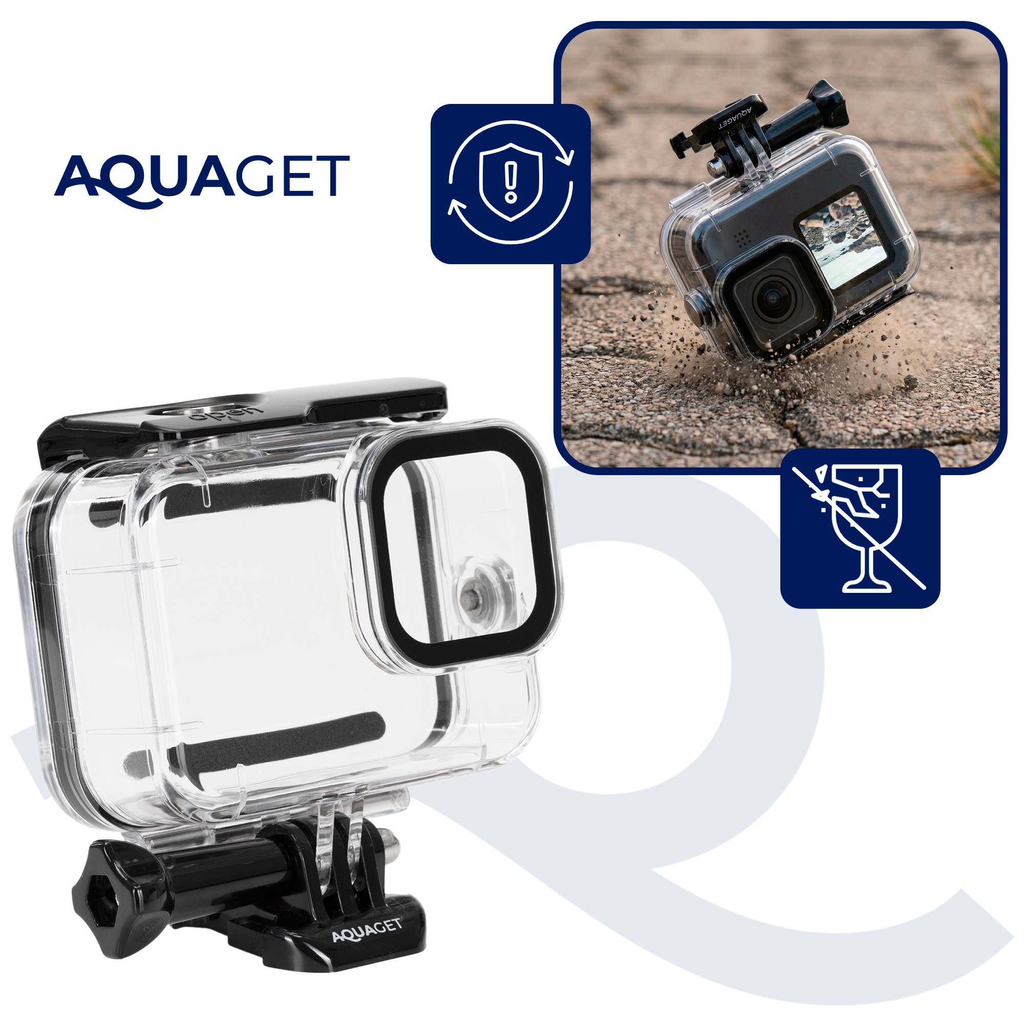Veiksmo kameros povandeninis korpusas, GoPro Hero 9–13, iki 45 m, skaidrus, 9 × 8,5 × 4,5 cm