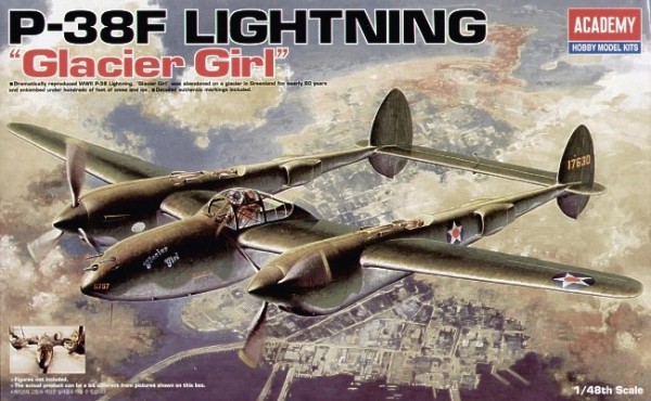 Klijuojamas modelis academy 12208 p-38f lighting glacier girl 1/48