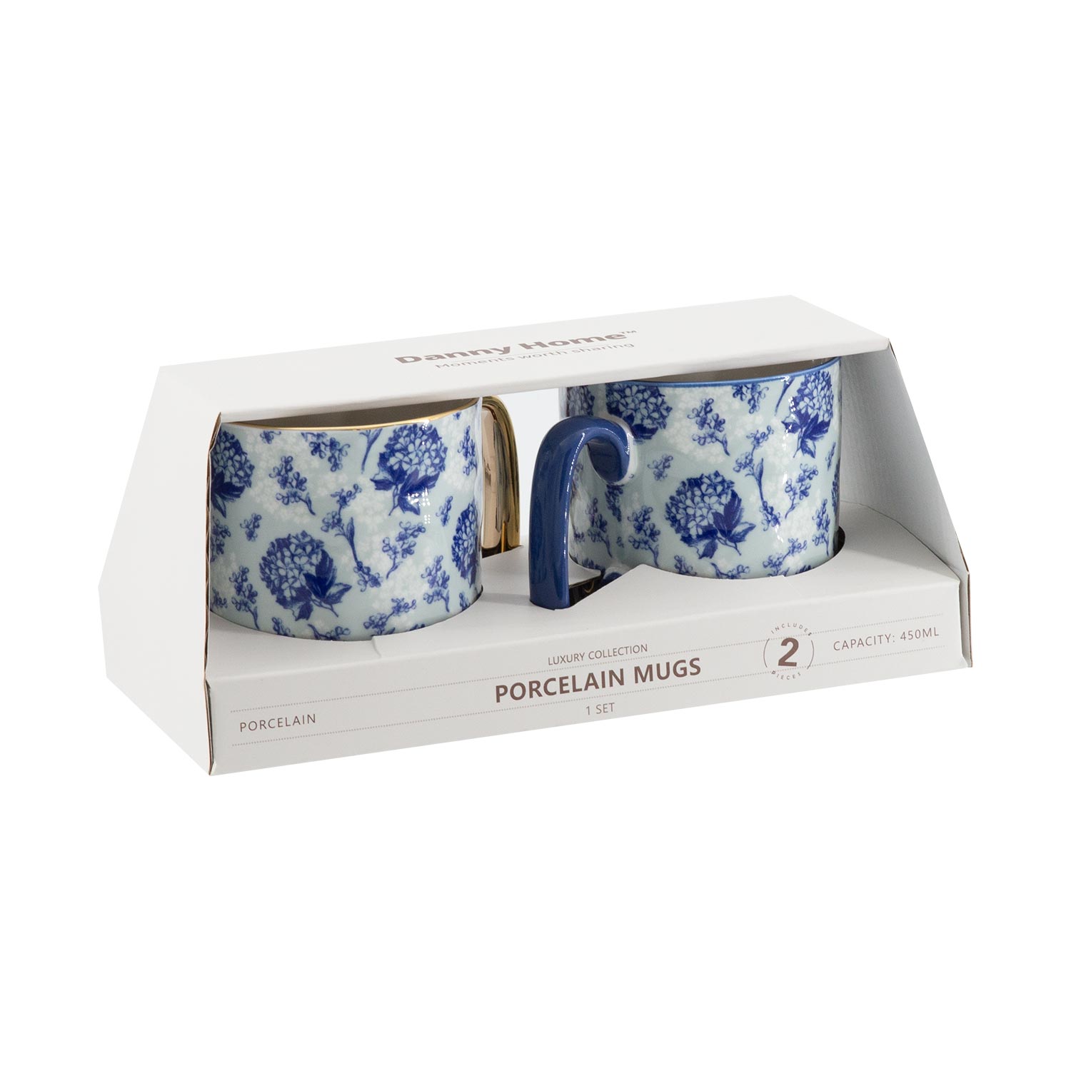 Puodelių rinkinys 450 ml, su mėlynomis gėlėmis, Ø 9 × 10 cm, 2 vnt.