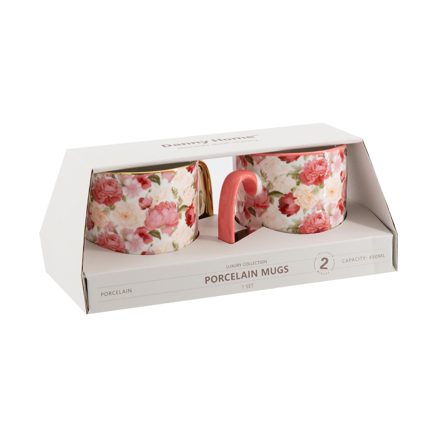 Puodelių rinkinys su rožinių gėlių raštu, 450 ml, rožinis, 9 × 10 cm, 2 vnt.