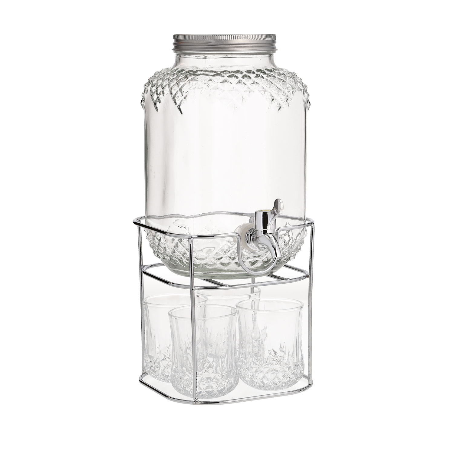 Gėrimų dozatoriaus rinkinys su čiaupu ir 4 stiklinėmis, 4 l, 15 × 15 × 25 cm, 5 dalių