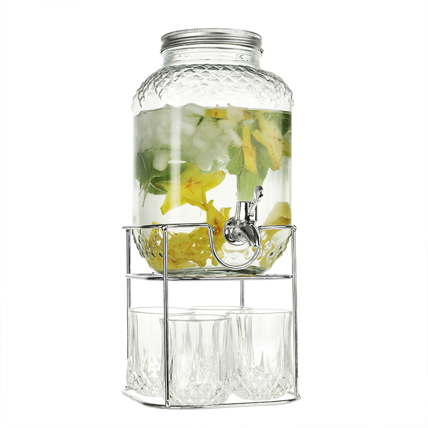 Gėrimų dozatoriaus rinkinys su čiaupu ir 4 stiklinėmis, 4 l, 15 × 15 × 25 cm, 5 dalių 2
