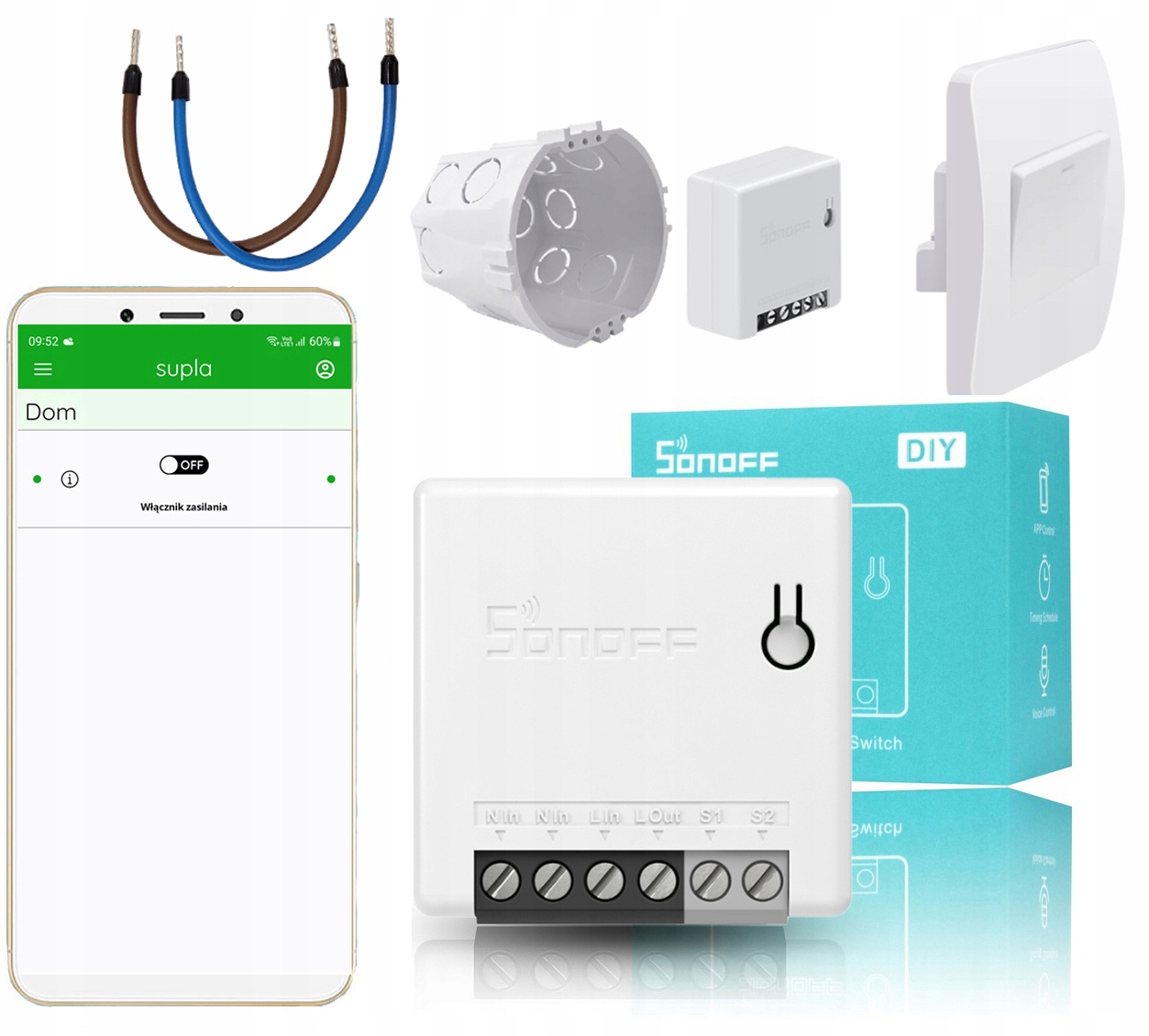 Išmanusis jungiklis Sonoff Mini R2, 2200W, 230VAC, valdomas programėle, Wi-Fi, galimybė valdyti balsu, DIY režimas
