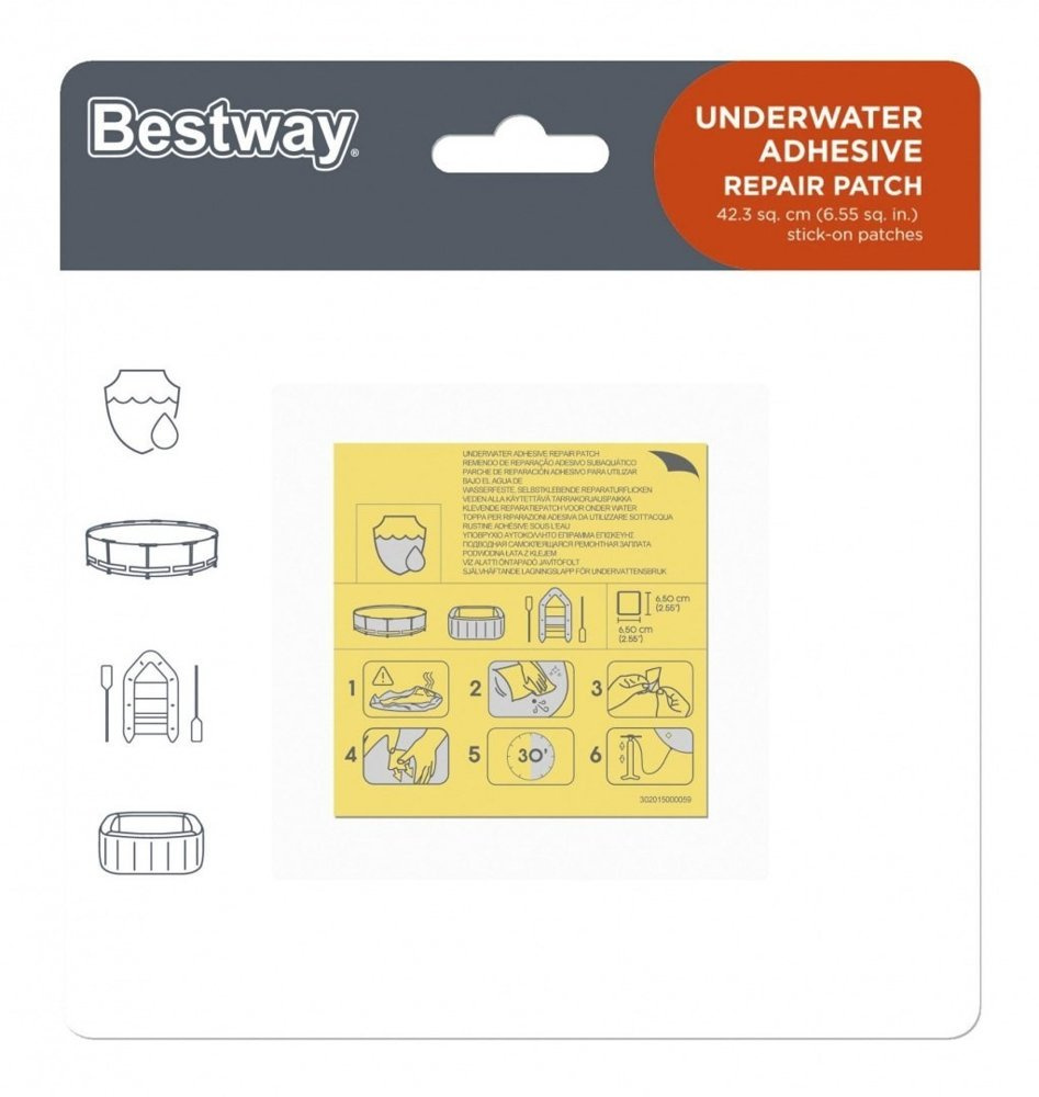 Pripučiamų gaminių taisymo rinkinys bestway, atsparūs vandeniui, 6.5x6.5 cm, 10 vnt.