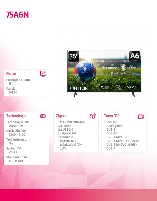 75 colių led televizorius hisense 75a6n