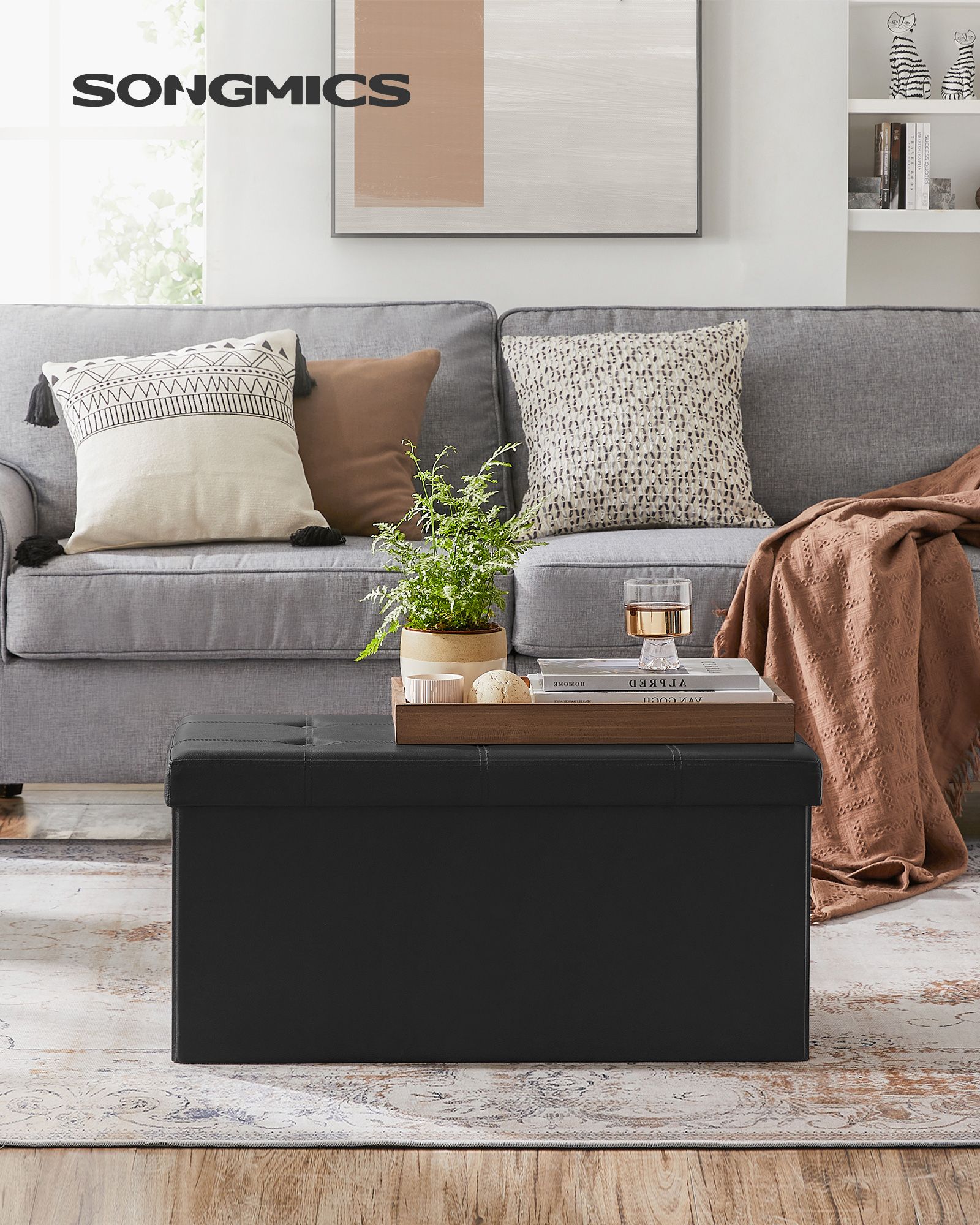 Pufas Songmics 76 cm juoda dirbtinė oda