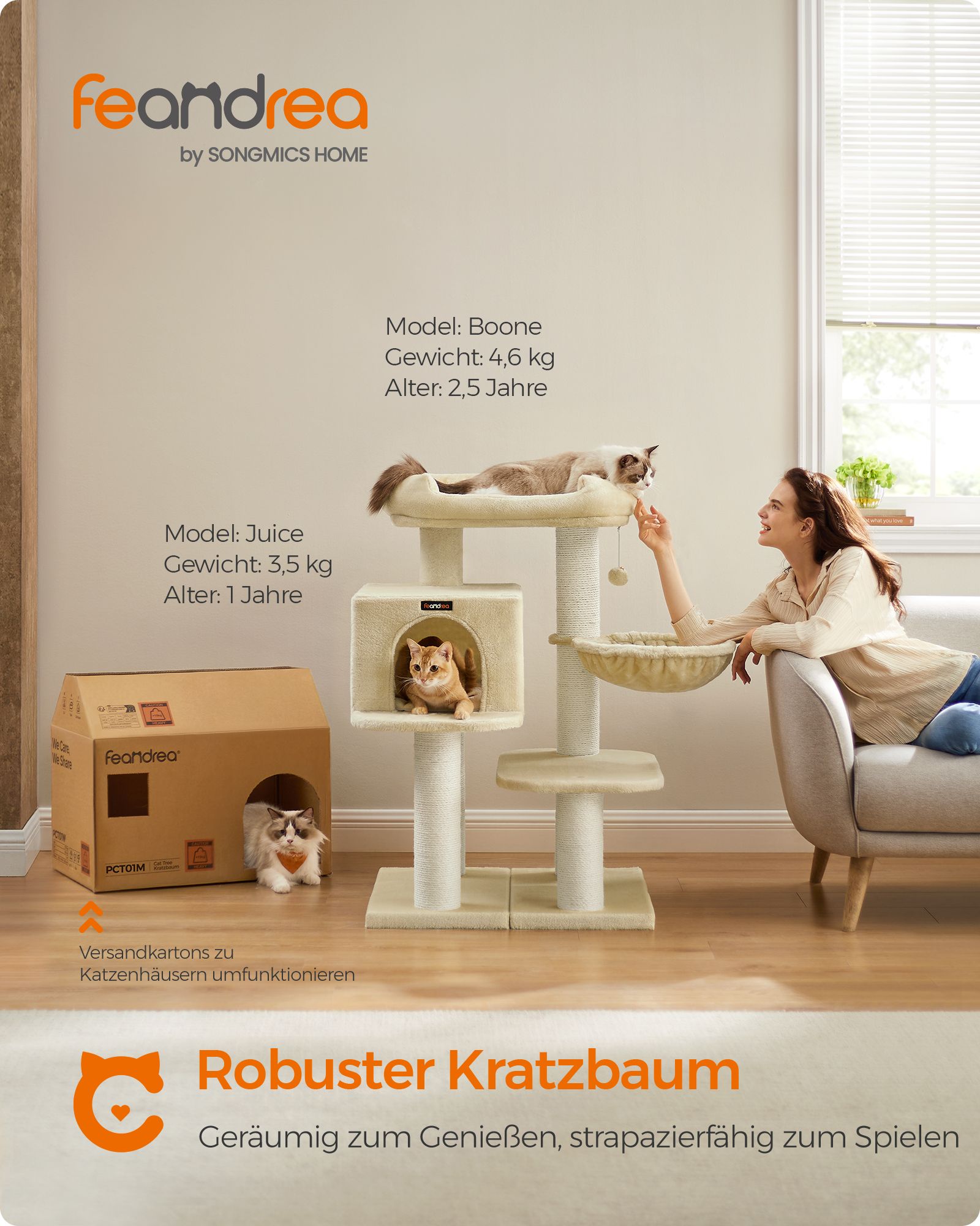 Katės draskyklė FEANDREA 107 cm, storų stulpų, smėlio spalvos