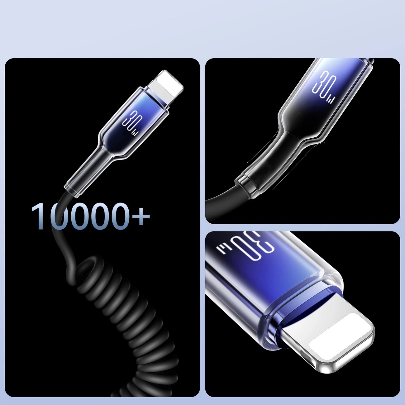 Laidas spiralinis USB-A - Lightning, iPhone Crystal-Clear Series, 3A, 1,5 m, juodas