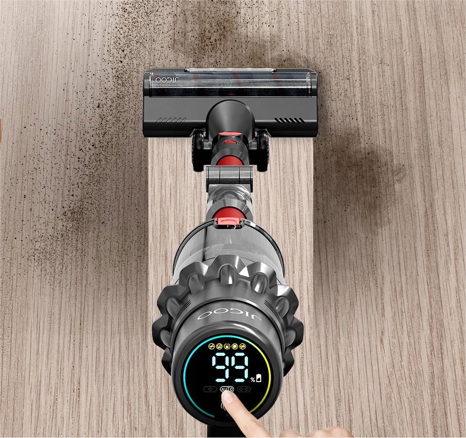 Dulkių siurblys - šluota jigoo c500 belaidis dulkių siurblys su 500 w varikliu, raudonas ir pilkas