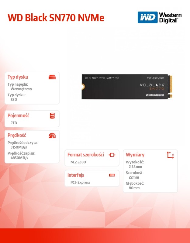 Ssd vidinis kietasis diskas ssd|western digital|black sn770|2tb|m.2|pcie gen4|nvme|write speed 4850 mbytes/sec|read speed 5150 mbytes/sec|wds200t3x0e