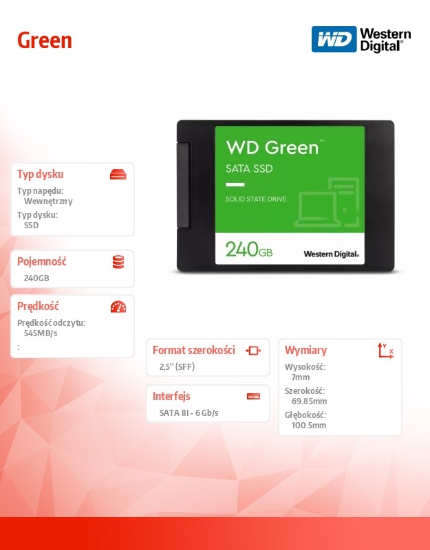 Ssd vidinis kietasis diskas ssd diskas|western digital|žalios spalvos|240 gb|sata 3.0|slc|skaitymo greitis 545 mb/sek|2,5