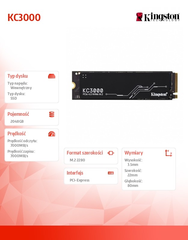 Ssd vidinis kietasis diskas ssd|kingston|kc3000|2tb|m.2|nvme|3d tlc|write speed 7000 mbytes/sec|read speed 7000 mbytes/sec|mtbf 1800000 hours|skc3000d/2048g