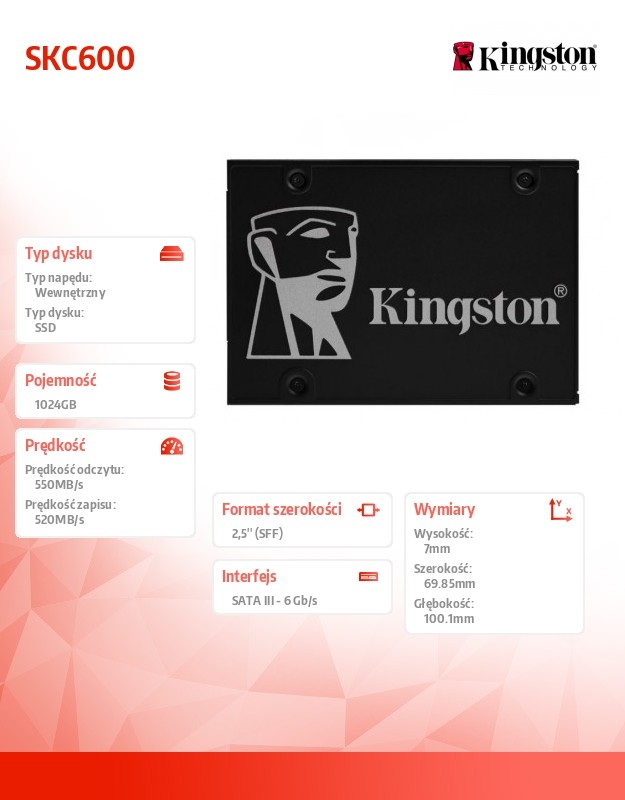 Ssd vidinis kietasis diskas ssd|kingston|kc600|1tb|sata 3.0|tlc|įrašymo sparta 520 mb/sec|skaitymo sparta 550 mb/sec|2,5