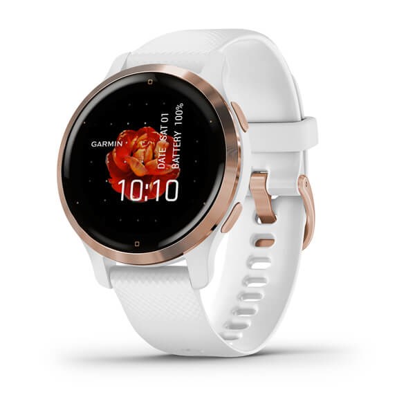 Išmanusis laikrodis garmin venu® 2s rožinės aukso spalvos ir baltos spalvos dirželiu