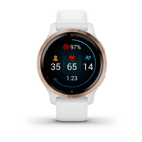 Išmanusis laikrodis garmin venu® 2s rožinės aukso spalvos ir baltos spalvos dirželiu