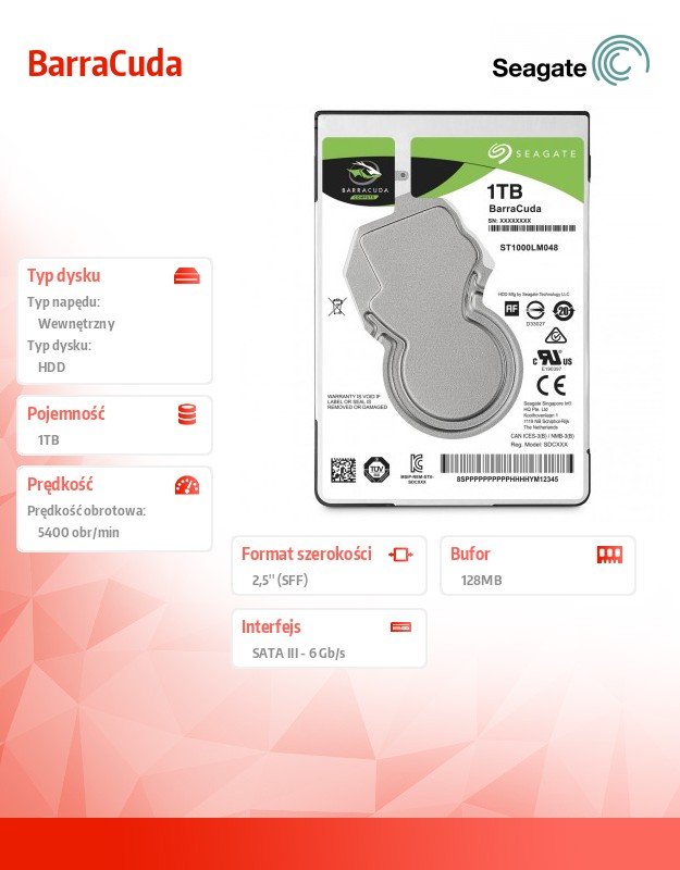 Hdd vidinis kietasis diskas seagate - barracuda 1tb 2,5'' 128mb st1000lm048